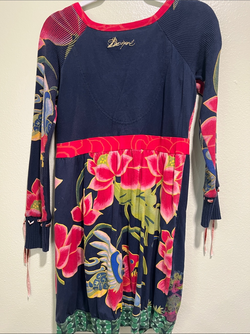 Desigual Navy Multicolor Floral V-Neck Knit Dress with Pink Trim - Picture 6 of 6